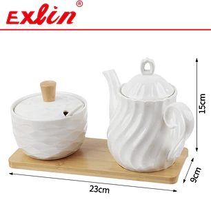 Set de Jarra y Azucarera de Cerámica con Base de Bambú 23cm