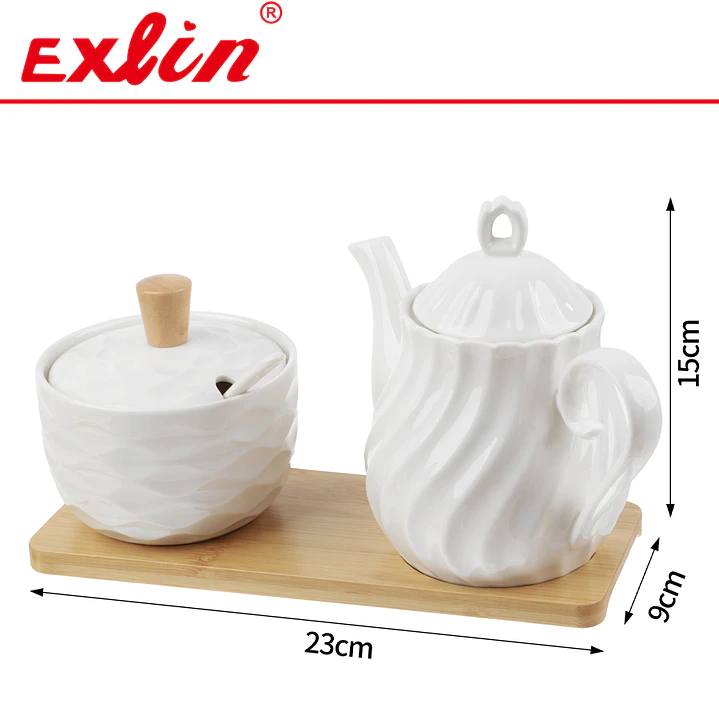 Set de Jarra y Azucarera de Cerámica con Base de Bambú 23cm 1