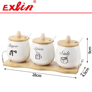 Set Condimentero Moderno de Cerámica Triple con Base de Bambú 28cm  