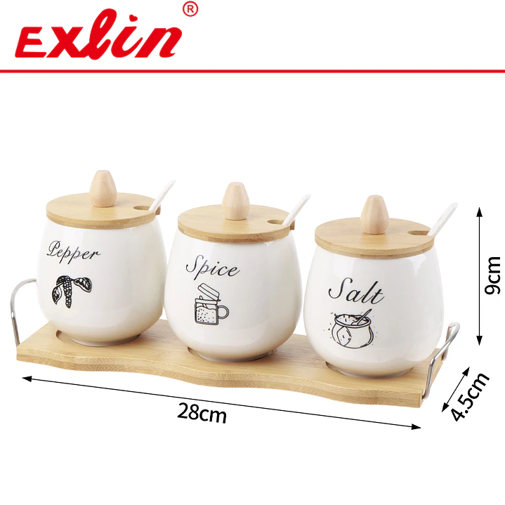Set Condimentero Moderno de Cerámica Triple con Base de Bambú 28cm   1