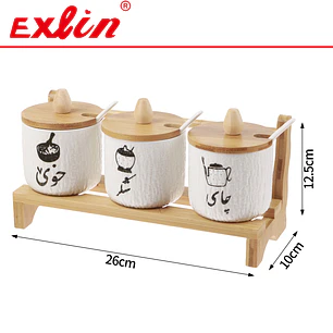 Set Condimentero Moderno de Cerámica Triple con Base de Bambú 26cm  