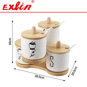 Set Condimentero Moderno de Cerámica Cuádruple Giratorio con Base de Bambú 17.5cm