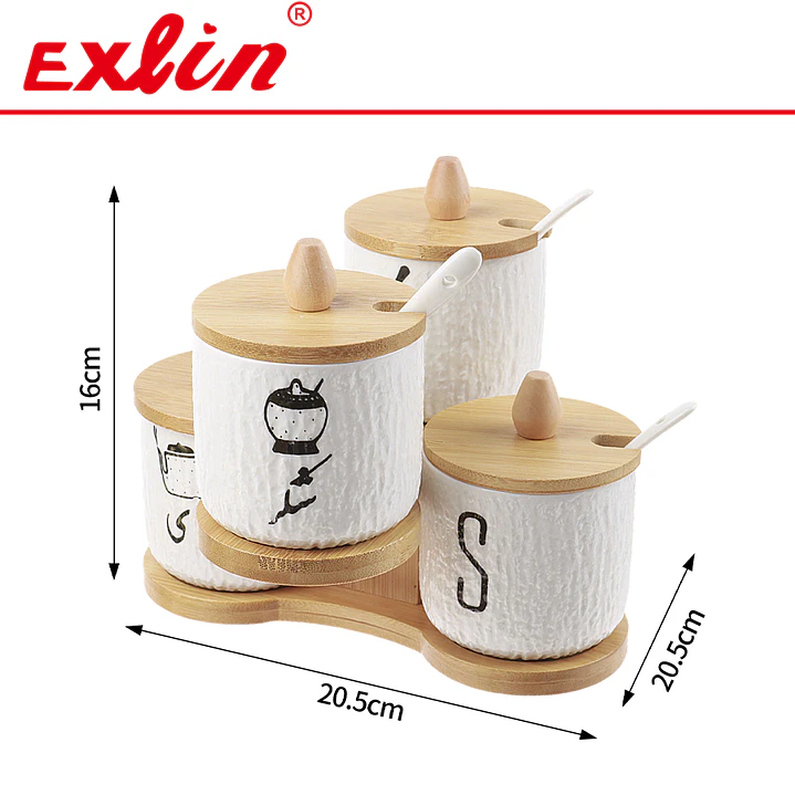 Set Condimentero Moderno de Cerámica Cuádruple Giratorio con Base de Bambú 17.5cm 1