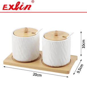 Set Especiero de Cerámica Doble con Base de Bambú 19cm