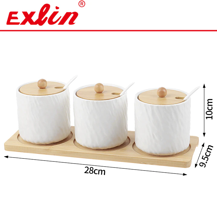 Set Condimentero de Cerámica Triple con Base de Bambú 28.5cm 1