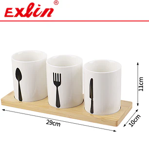 Set Condimentero de Cerámica Triple con Base de Bambú 28cm