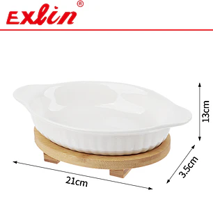 Fuente de Cerámica Ovalada para Horno con Base de Madera 21cm