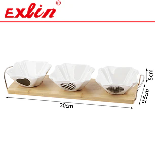 Set de Pocillos para Picoteo de Cerámica Triple con Base de Bambú 30cm