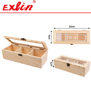 Organizador de Té con Tapa de Vidrio y Cierre Exlin 3 Divisiones 24cm