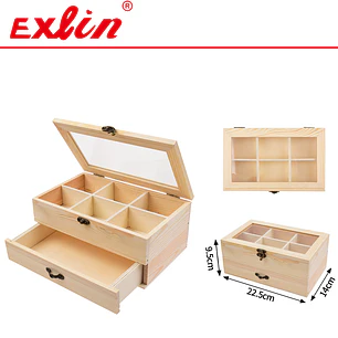 Caja Organizadora de Madera con 6 Divisiones y Cajón 22.5cm - Exlin