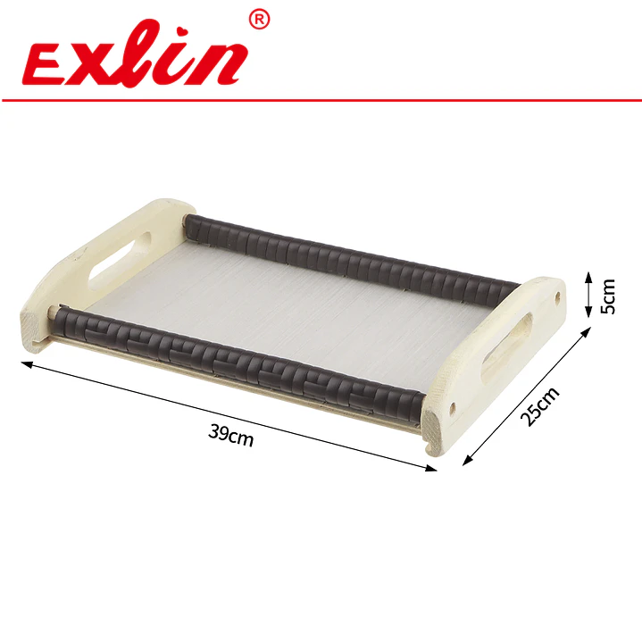 Bandeja Rectangular Mediana de Madera con Asas y Detalle Tejido  1