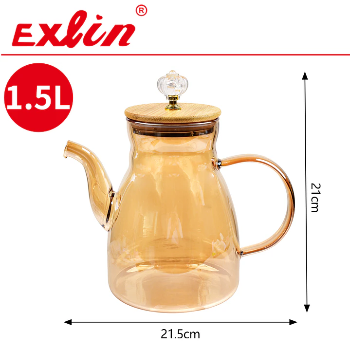 Tetera de Vidrio Borosilicato Ámbar con Tapa de Bambú y Perilla de Cristal  1