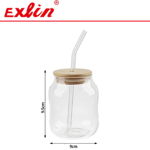 Vaso de Vidrio Borosilicato con Tapa de Bambú y Bombilla Curva (450 ml) 
