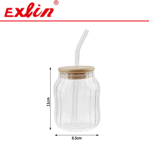 Vaso de Vidrio Borosilicato Acanalado con Tapa de Bambú y Bombilla (450 ml) 