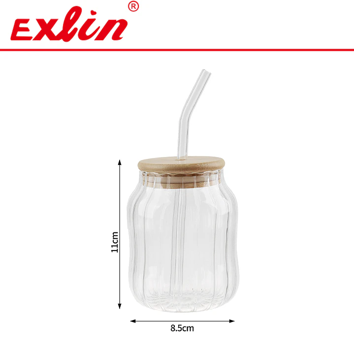 Vaso de Vidrio Borosilicato Acanalado con Tapa de Bambú y Bombilla (450 ml)  1