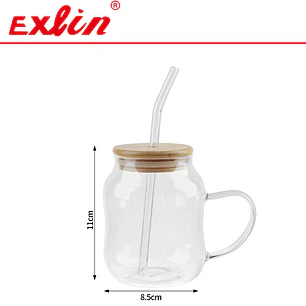 Taza/Vaso de Vidrio Borosilicato Estilo Canette con Asa, Tapa de Bambú y Bombilla (450 ml) 