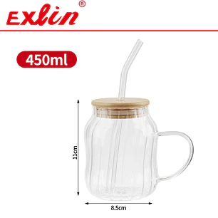 Taza/Vaso de Vidrio Borosilicato Acanalado con Asa, Tapa de Bambú y Bombilla (450 ml) 