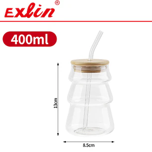 Vaso de Vidrio Borosilicato Estilo Árbol / Olas con Tapa de Bambú y Bombilla (400 ml) 