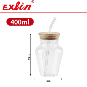 Vaso de Vidrio Borosilicato Estilo Ánfora / Tulipán con Tapa de Bambú y Bombilla (400 ml)