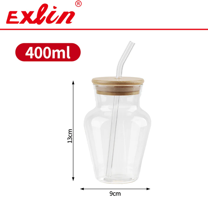 Vaso de Vidrio Borosilicato Estilo Ánfora / Tulipán con Tapa de Bambú y Bombilla (400 ml) 1