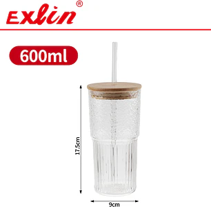 Vaso Largo de Vidrio Borosilicato Texturizado con Tapa de Bambú y Bombilla (600 ml) 
