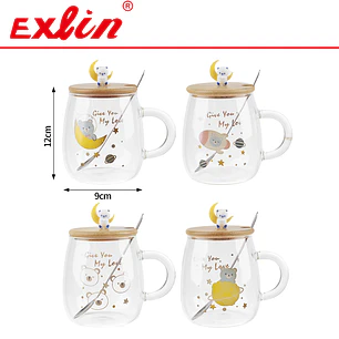 Taza de Vidrio Borosilicato Oso Astral con Tapa de Bambú, Cucharita y Adorno 
