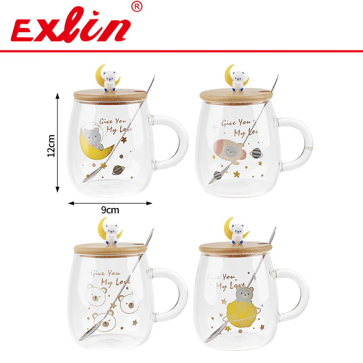 Taza de Vidrio Borosilicato Oso Astral con Tapa de Bambú, Cucharita y Adorno  1