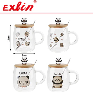 Taza de Vidrio Borosilicato Oso Panda con Tapa de Bambú, Cucharita y Adorno 