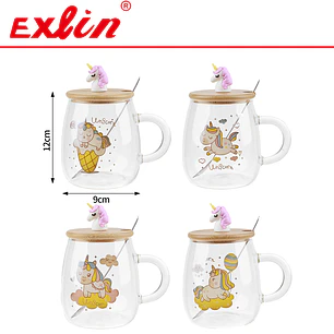 Taza de Vidrio Borosilicato Unicornio Kawaii con Tapa de Bambú, Cucharita y Adorno 