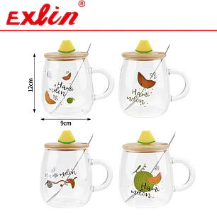 Taza de Vidrio Borosilicato Melón / Frutal con Tapa de Bambú, Cucharita y Adorno