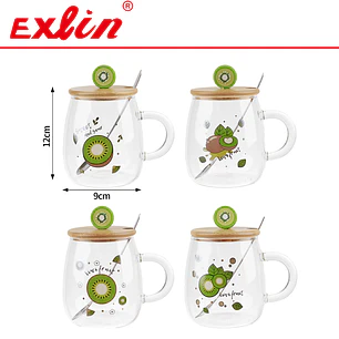 Taza de Vidrio Borosilicato Piña Frutal con Tapa de Bambú, Cucharita y Adorno