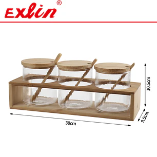 Set de 3 Especieros / Condimenteros de Vidrio con Base y Tapas de Bambú 
