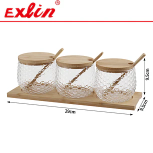 Set de 4 Especieros / Condimenteros de Vidrio con Base y Tapas de Bambú (38 x 9.5 cm) 
