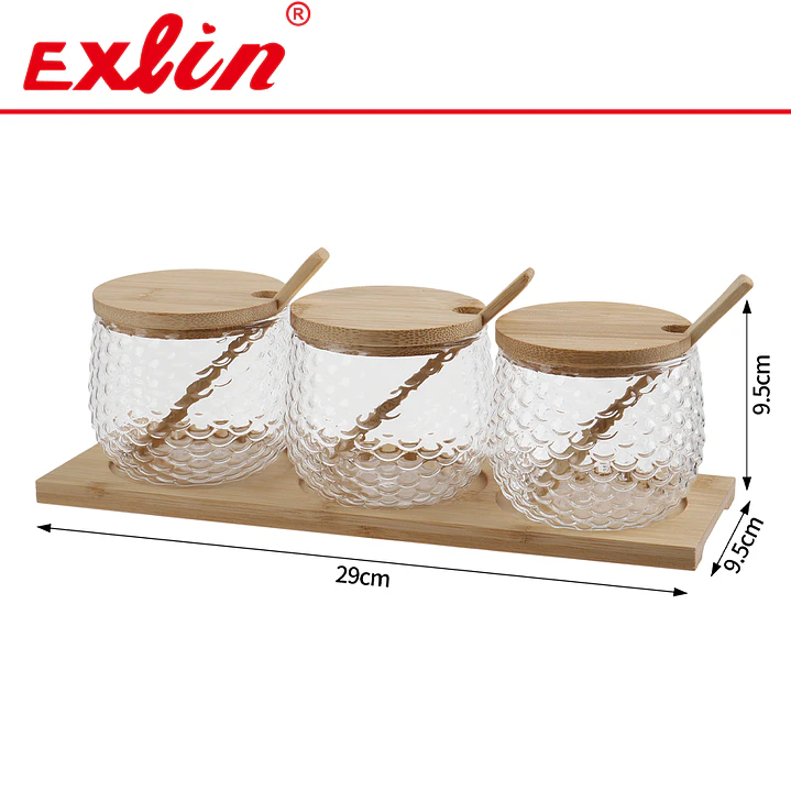 Set de 4 Especieros / Condimenteros de Vidrio con Base y Tapas de Bambú (38 x 9.5 cm)  1