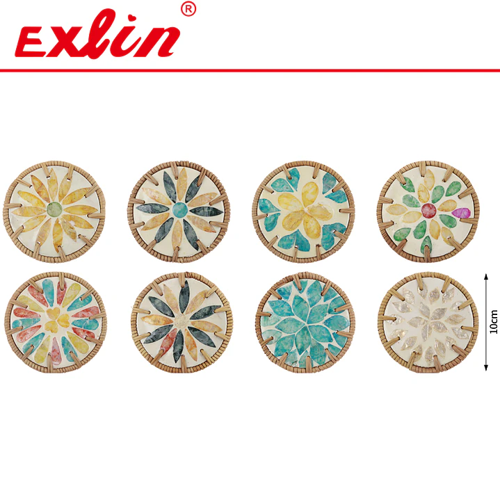 Posavasos / Posaplatos Artesanal de Cerámica y Ratán con Mosaico Floral Nácar (10 cm)  1