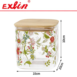 Frasco de Vidrio Borosilicato Estampado Floral con Tapa de Bambú 