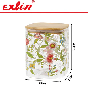 Frasco de Vidrio Borosilicato Estampado Floral con Tapa de Bambú 