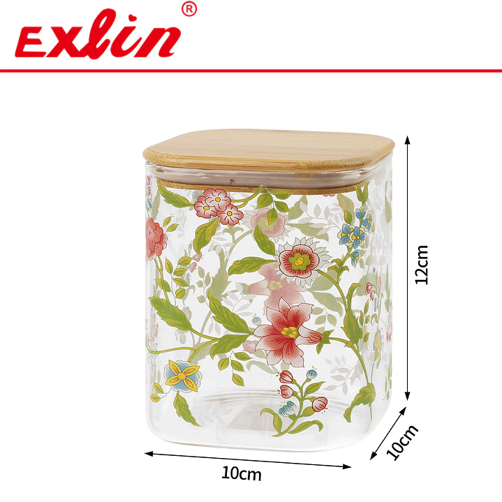 Frasco de Vidrio Borosilicato Estampado Floral con Tapa de Bambú  1