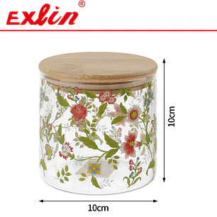 Frasco de Vidrio Borosilicato Cilíndrico Estampado Floral con Tapa de Bambú (10x10 cm) – Frasco Hermético Organizador Exlin