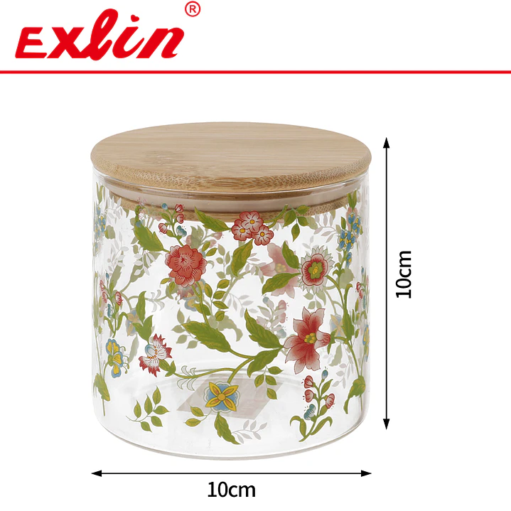 Frasco de Vidrio Borosilicato Cilíndrico Estampado Floral con Tapa de Bambú (10x10 cm) – Frasco Hermético Organizador Exlin 1