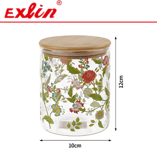 Frasco de Vidrio Borosilicato Cilíndrico Estampado Floral con Tapa de Bambú 
