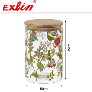 Frasco de Vidrio Borosilicato Cilíndrico Estampado Floral con Tapa de Bambú 