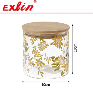 Frasco de Vidrio Borosilicato Cilíndrico con Tapa de Bambú y Estampado Botánico Hoja Verde