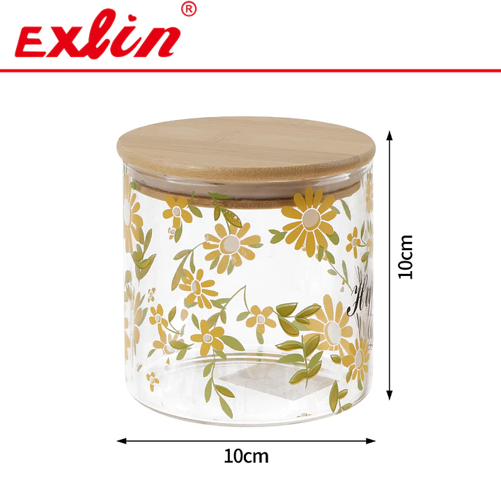 Frasco de Vidrio Borosilicato Cilíndrico con Tapa de Bambú y Estampado Botánico Hoja Verde 1