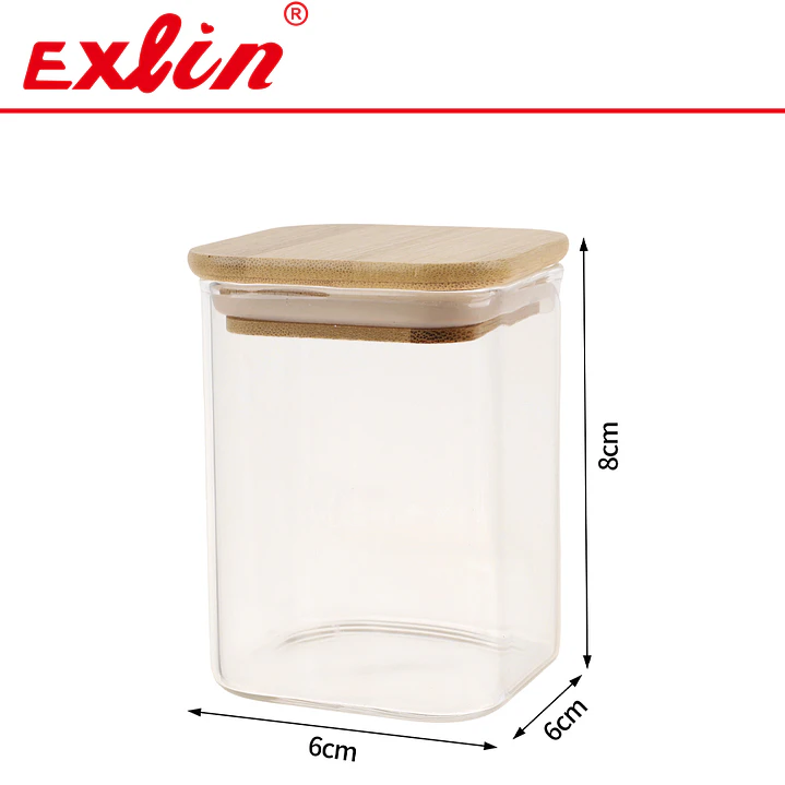 Frasco de Vidrio Borosilicato Cuadrado Liso con Tapa de Bambú  1