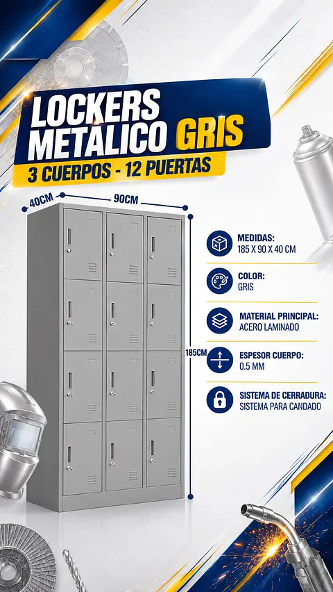 Locker Metálico Gris 12 Puertas - 185 x 90 x 40cm