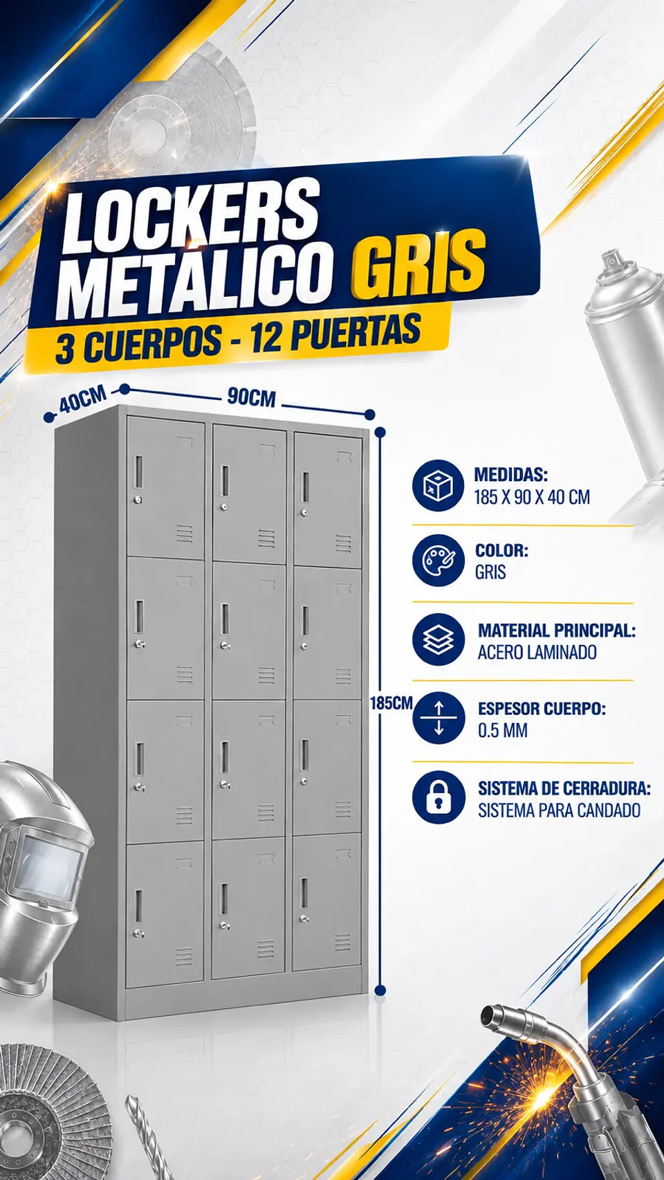 Locker Metálico Gris 12 Puertas - 185 x 90 x 40cm 1