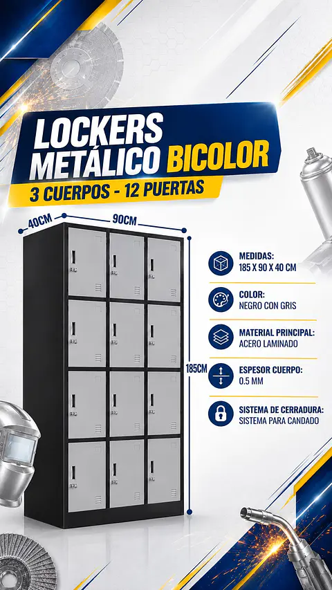 Locker Metálico Bicolor 12 Puertas - 185 x 90 x 40cm