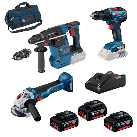 Conjunto Martelo GBH 18V-26 F + Rebarbadora GWS 18V-10 + Aparafusadora GSR 18V-55 BOSCH