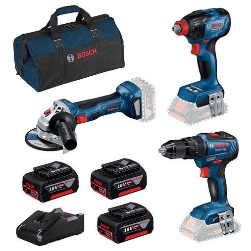 Conjunto de Aparafusadora + Rebarbadora (115mm) + Aparafusadora de Impacto Sem fio BOSCH 2